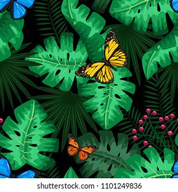 Exotic tropical nature environment repeating pattern background. Seamless repeating jungle rainforest summer green plants, butterfly and fern background.