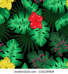 Exotic tropical nature environment repeating pattern background. Seamless repeating jungle rainforest summer green plants, flowers and fern background.