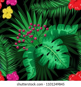 Exotic tropical nature environment repeating pattern background. Seamless repeating jungle rainforest summer green plants, flowers and fern background.