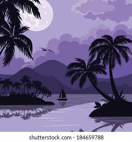 Exotic tropical night landscape with moonlit sky, sea islands with palm trees and sailboat silhouettes. Element of this image furnished by NASA (www.visibleearth.nasa.gov). Vector