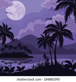 Exotic tropical night landscape with moonlit sky, sea islands with palm trees and flowers silhouettes. Element of this image furnished by NASA Vector