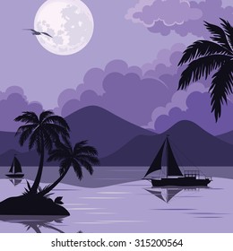 Exotic Tropical Night Landscape with Moonlit Sky, Sea Islands with Palm Trees and Sailboat Silhouettes.