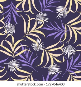 Exotic tropical  on violet background with hawaiian plants and flowers. Seamless  tropical pattern with monstera and sabal palm leaves.