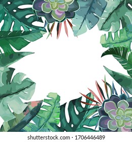 Exotic tropical palm leaves and cactus. Frame border background. Summer vector illustration. Template for card. Watercolor style