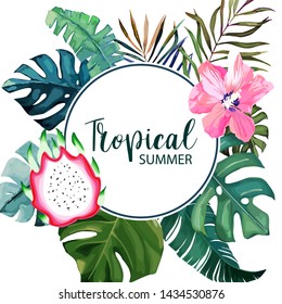 Exotic Tropical Palm Leaves And Dragonfruit. Frame Border Background. Summer Vector Illustration. Template For Card. Watercolor Style