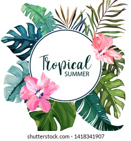 Exotic tropical palm leaves. Frame border background. Summer vector illustration. Template for card. Watercolor style