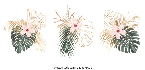 Exotic tropical palm leaves and hibiscus flowers composition card design.