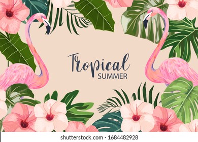 Exotic tropical palm leaves, hibiscus and flamingo. Frame border background. Summer vector illustration. Template for card