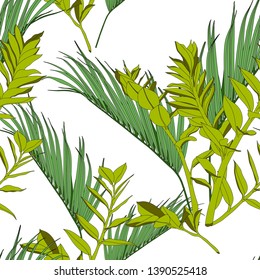 Exotic tropical and palm leaves, white background. Floral seamless pattern.