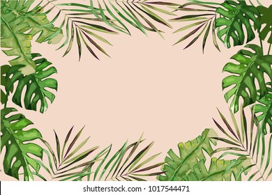 Exotic tropical palm tree. Frame border background. Summer vector illustration. Template for card