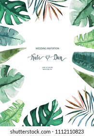 Exotic tropical palm tree. Frame border background. Summer vector illustration. Template for card. Watercolor style