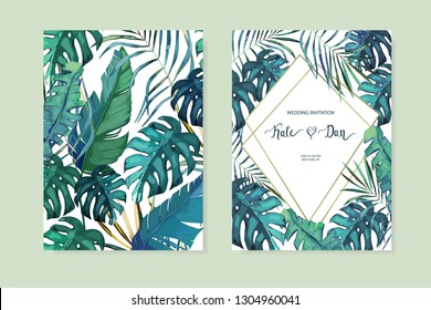 Exotic tropical palm tree. Frame border background. Summer vector illustration. Template set for card. Watercolor style