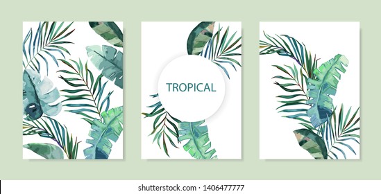 Exotic tropical palm tree. Frame border background. Summer vector illustration. Template set for card. Watercolor style