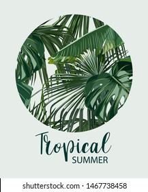 Exotic tropical palm tree. Frame border background. Summer vector illustration. Template for card. Watercolor style