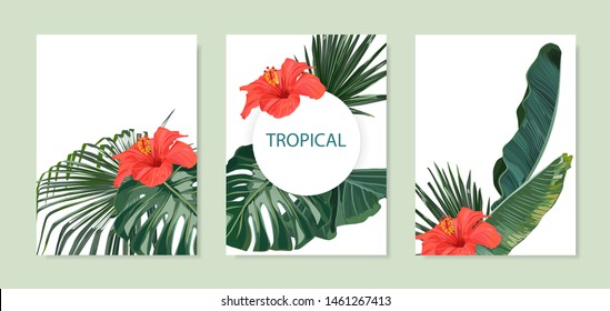 Exotic tropical palm tree and hibiscus. Frame background for wedding. Summer vector illustration. Template set for card. 