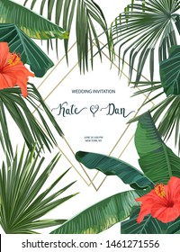 Exotic tropical palm tree and hibiscus. Frame background for wedding. Summer vector illustration. Template for card. 