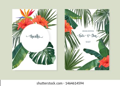 Exotic tropical palm tree and hibiscus. Frame background for wedding. Summer vector illustration. Template set for card