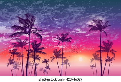 Exotic tropical palm trees  at sunset or moonlight, with cloudy sky.  Highly detailed  and editable