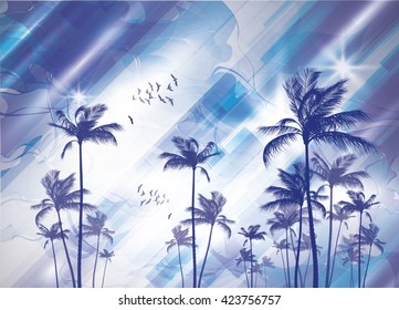 Exotic tropical palm trees at sunset or sunrise, with cloudy sky. Highly detailed and editable