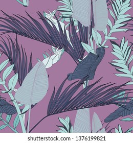 Exotic tropical palms nd bananas leaves, violet background. Floral seamless pattern.