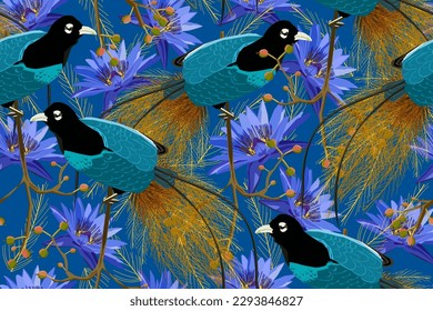 EXOTIC TROPICAL PARADISE BIRDS AND LOTUS FLOWERS . Fashionable, stylish, rich and beautiful seamless vector pattern for design and decoration