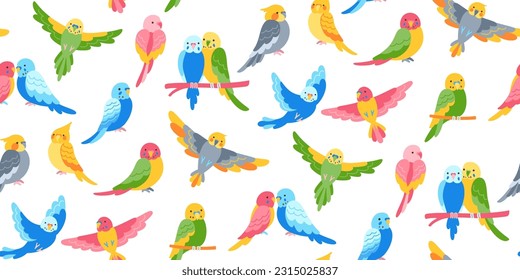 Loro tropical exótico de moda, patrón sin fisuras. Los pájaros voladores coloridos repiten el fondo del ornamento. Papel textil de papel pintado, embalaje sin fin, decoración vectorial sin límites