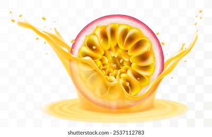 La fruta de la pasión tropical exótica cae en el chapoteo del jugo o del batido, chapoteo del cóctel de la vitamina con las gotas, chapoteo del jugo con la fruta de la pasión púrpura madura. Ilustración vectorial 3D realista