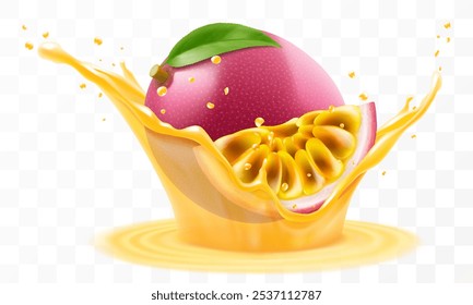 La fruta de la pasión tropical exótica cae en el chapoteo del jugo o del batido, chapoteo del cóctel de la vitamina con las gotas, chapoteo del jugo con la fruta de la pasión púrpura madura. Ilustración vectorial 3D realista