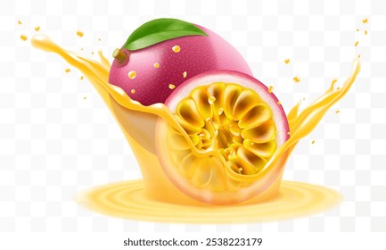 La fruta de la pasión tropical exótica cae en el chapoteo del jugo o del batido, chapoteo del cóctel de la vitamina con las gotas, chapoteo del jugo con la fruta de la pasión púrpura madura. Ilustración vectorial 3D realista