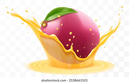 La fruta de la pasión tropical exótica cae en el chapoteo del jugo o del batido, chapoteo del cóctel de la vitamina con las gotas, chapoteo del jugo con la fruta de la pasión púrpura madura. Ilustración vectorial 3D realista