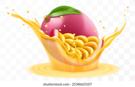 La fruta de la pasión tropical exótica cae en el chapoteo del jugo o del batido, chapoteo del cóctel de la vitamina con las gotas, chapoteo del jugo con la fruta de la pasión púrpura madura. Ilustración vectorial 3D realista