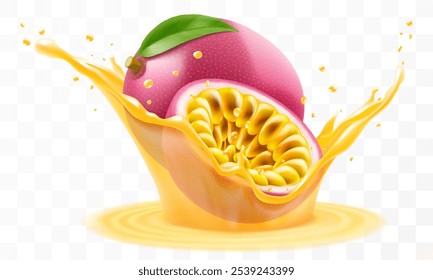 La fruta de la pasión tropical exótica cae en el chapoteo del jugo o del batido, chapoteo del cóctel de la vitamina con las gotas, chapoteo del jugo con la fruta de la pasión púrpura madura. Ilustración vectorial 3D realista