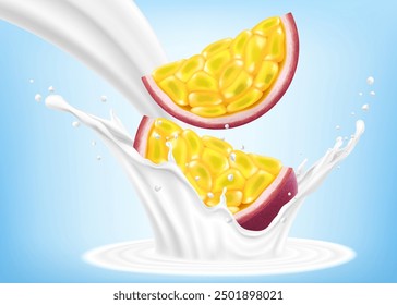 Exotic, tropical passion fruit in splash of yogurt or milk, cocktail splash with drops, Milkshake splash with ripe purple passion fruit. Realistic 3d vector illustration