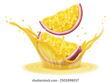 Exotic, tropical passion fruit in splash of juice or smoothie, splash of vitamin cocktail with drops, juice splash with ripe purple passion fruit. Realistic 3d vector illustration