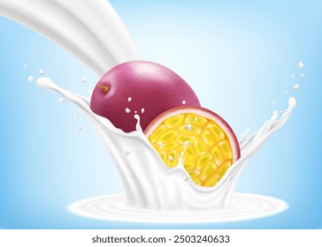 Exotic, tropical passion fruit in splash of yogurt or milk, cocktail splash with drops, Milkshake splash with ripe purple passion fruit. Realistic 3d vector illustration