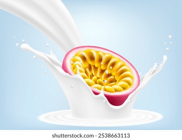 Maracujá tropical exótico em salpicos de iogurte ou leite, salpicos de coquetel com gotas, salpicos de milkshake com maracujá roxo maduro. Ilustração realista do vetor 3d