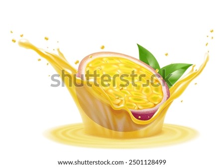 Exotic, tropical passion fruit in splash of juice or smoothie, splash of vitamin cocktail with drops, juice splash with ripe purple passion fruit. Realistic 3d vector illustration