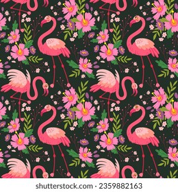 Exotic tropical pattern with birds, pink flamingos, flowers and leaves. Stylish floral print vector illustration poster. On black background.