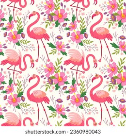 Exotic tropical pattern with birds, pink flamingos, flowers and leaves. Stylish floral print vector illustration poster. On white background.