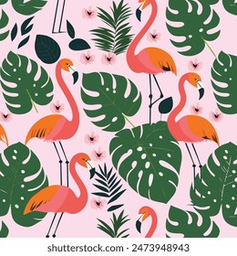 Exotic tropical pattern with flamingo, pink flamingos, flowers and leaves. Stylish floral print vector illustration poster. On pink background.