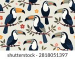 Exotic tropical pattern showcases beautiful toucans perched on tree branches with green leaves and orange blossoms.