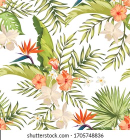 Exotic tropical pattern with strelizia, hibiscus, palm leaves. Summer vector background for fabric, cover,print design.