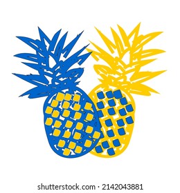 Exotic tropical pineapple fruit isolated on white background. Fruits in blue and yellow color for printing on posters, decorative pillows. Vector.