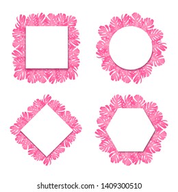 exotic tropical pink leaves monstera. set round, rhombus, hexagon, square  paper banner. 