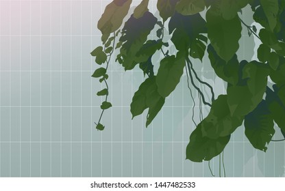 Exotic tropical plant and tint green tiles background, fresh, clean summer vibe lazy sunday and nostalgic feelings background template