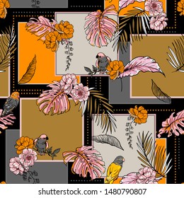 Exotic tropical plants and birds Silk scarf pattern mixed with  square shape ,flowers and leaves and hand drawn ,Design for fashion, fabric, web,wallpaper, wrapping on black