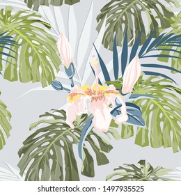 Exotic tropical plants with flowers on white background. Floral seamless pattern. Tropical illustration. Summer beach design.