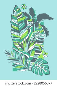 Exotic  tropical plants illustration. Banana Leaf, Monstera, Palm tree, Fern, Petra Croton, Bird of Paradise Flower and Plumeria. Editable stroke