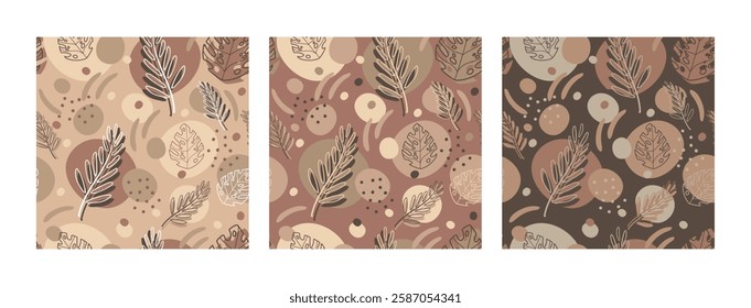 Exotic tropical plants, spots and abstract shapes. Contemporary seamless pattern set. Trendy mocha mousse palette. Vector illustration. Modern Art design. For paper, cover, fabric, interior decor