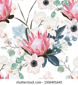 Exotic tropical plants, succulent and flowers on white background. Floral seamless pattern.